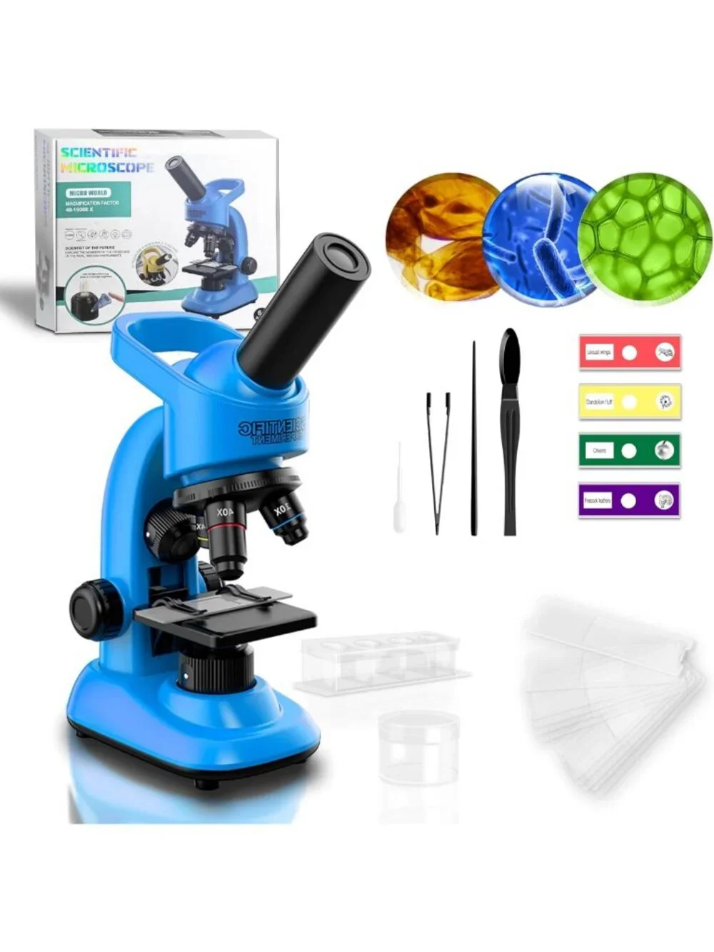 Kids Microscope STEM Kit 40-1600x with LED Light, Prepared Slides & Tools